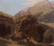 unknow artist A mountainous landscape with a maid before a chalet in a valley oil on canvas